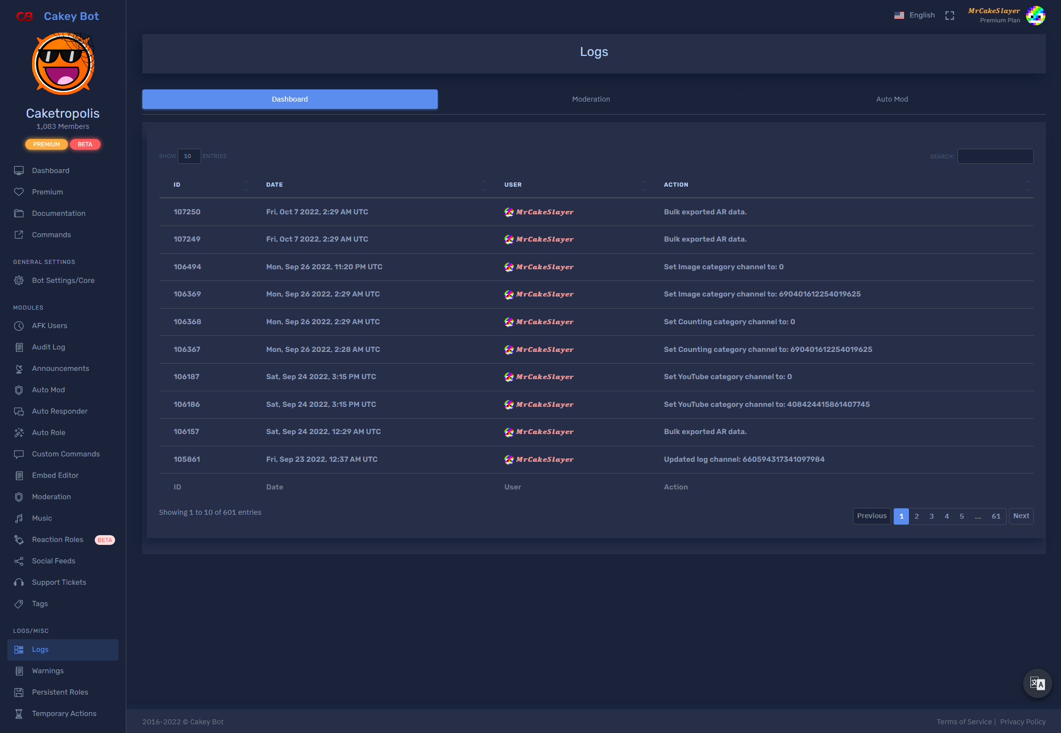 Dasboard Log Screenshot